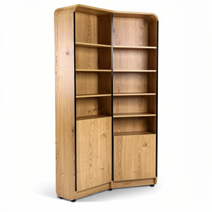 **Modern Wooden Bookshelf with Curved Design and Multiple Shelves**