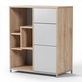 **Modern Wooden Storage Cabinet with Sliding Doors and Open Shelves**