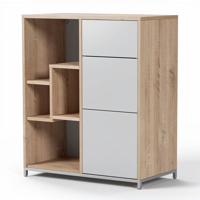 **Modern Wooden Storage Cabinet with Sliding Doors and Open Shelves**