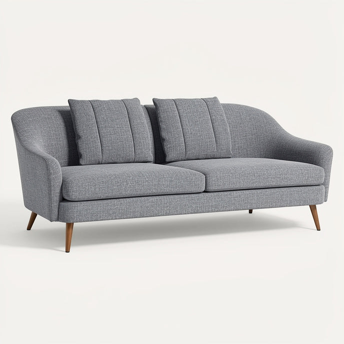 **Modern Gray Fabric Sofa with Plush Cushions and Wooden Legs**