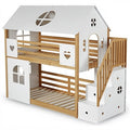 **Technical Title: Modern White Wooden Dollhouse with Staircase and Heart Cutouts**