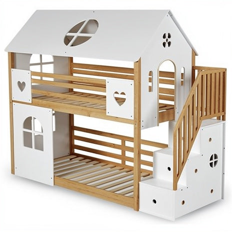 **Technical Title: Modern White Wooden Dollhouse with Staircase and Heart Cutouts**
